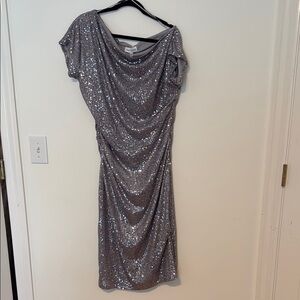 Gibson Latimer Silver Sequin Cowl Neck Ruched Sheath Dress Large New